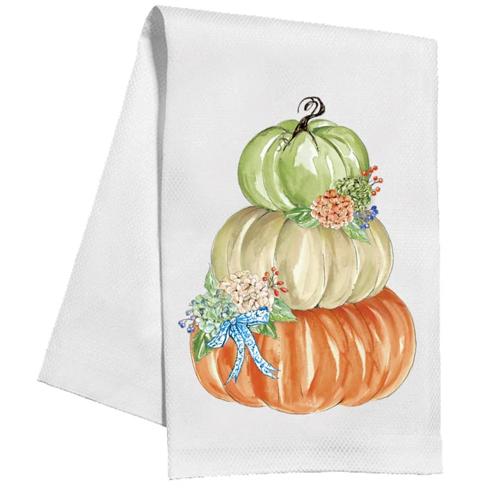 Kitchen Towel - Orange Cream and Green Pumpkin Stack with Hydrangeas