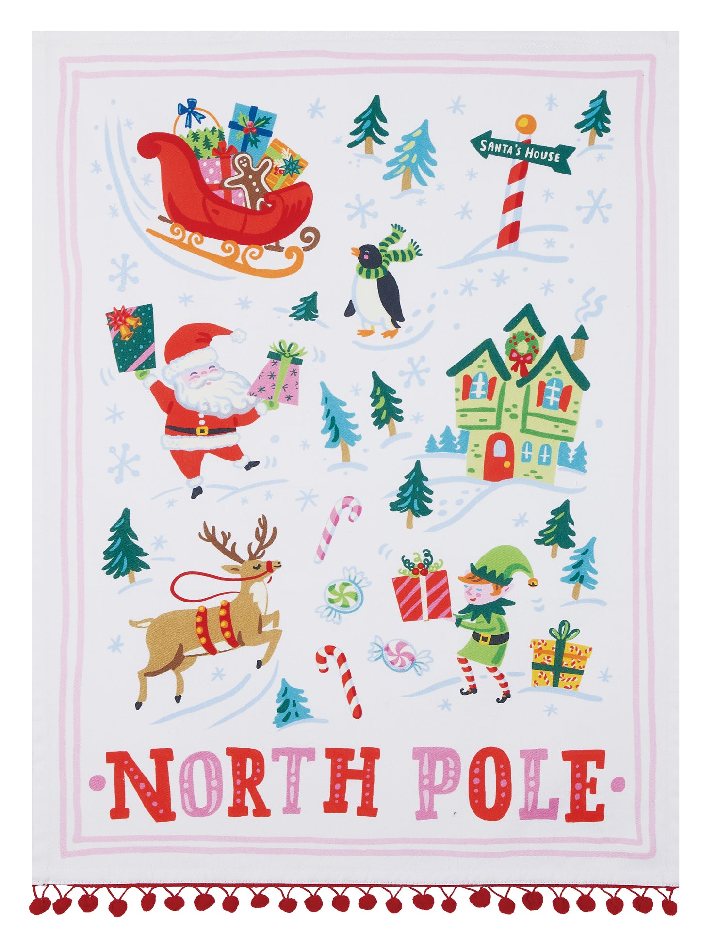 North Pole Kitchen Towel with Pom Poms