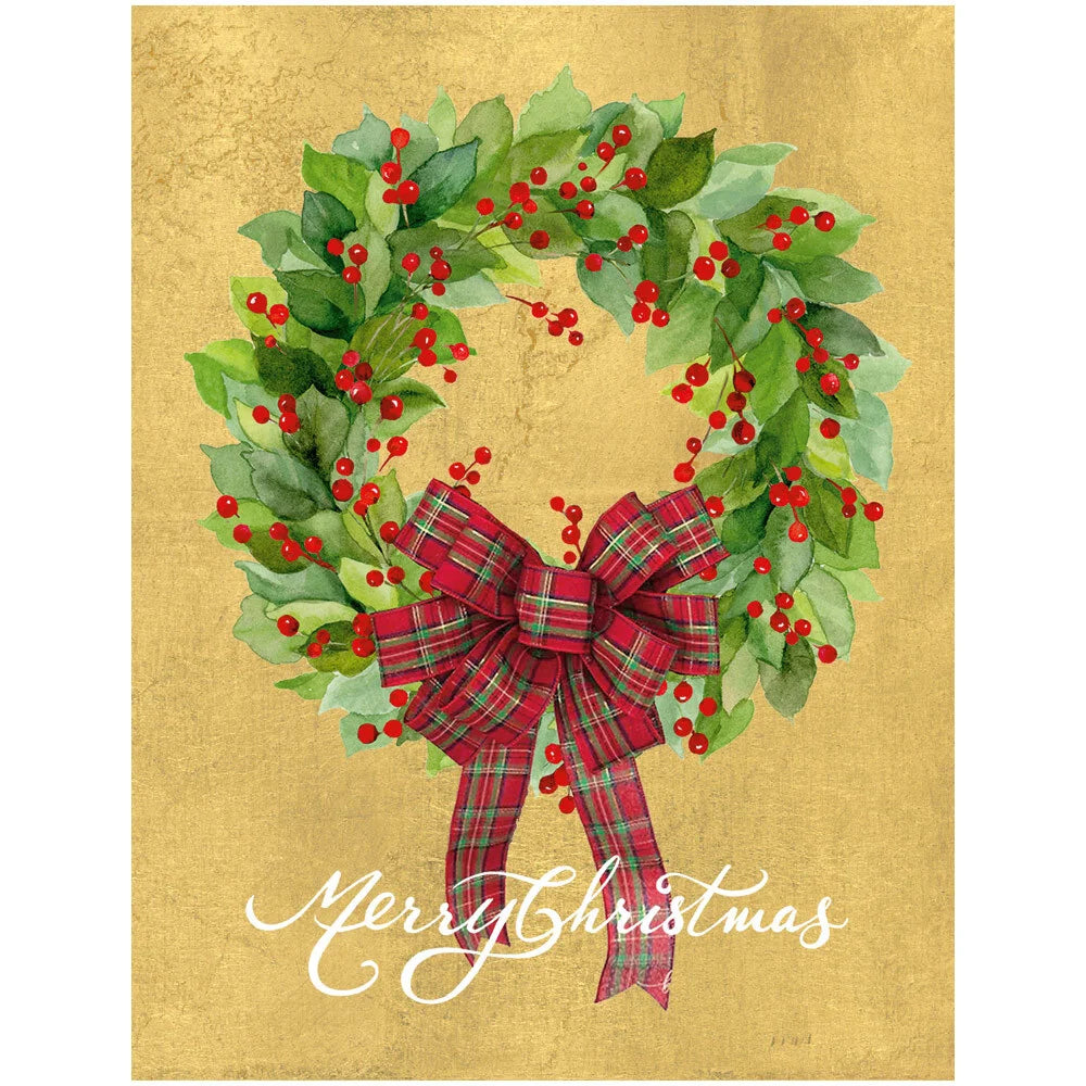Boxed Christmas Cards - Leaf Wreath with Plaid Bow