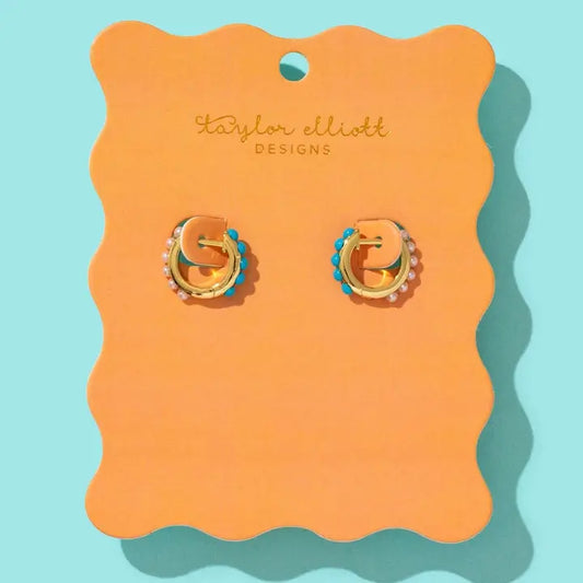 Sheridan Pearl and Turquoise Huggie Earrings