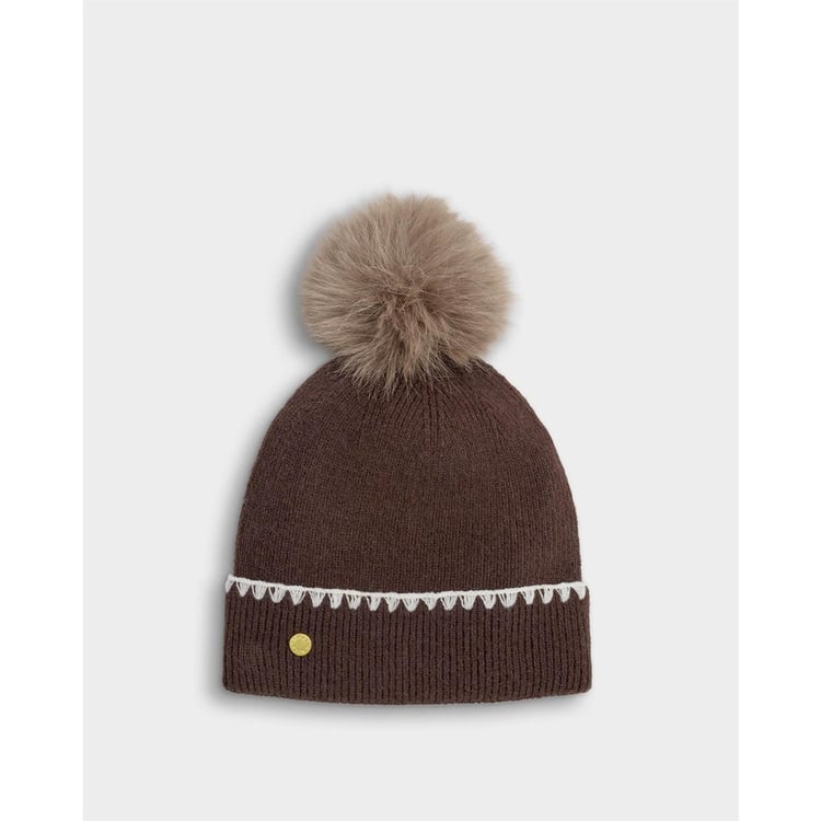 Whipstitch Pom Pom Knitted Hat - Chocolate