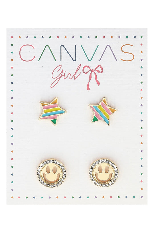 Stud Earrings -  Izzy Rainbow Star & Pave Smiley Face