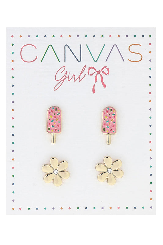 Stud Earrings -  Popsicle & Tiny Rhinestone Flower