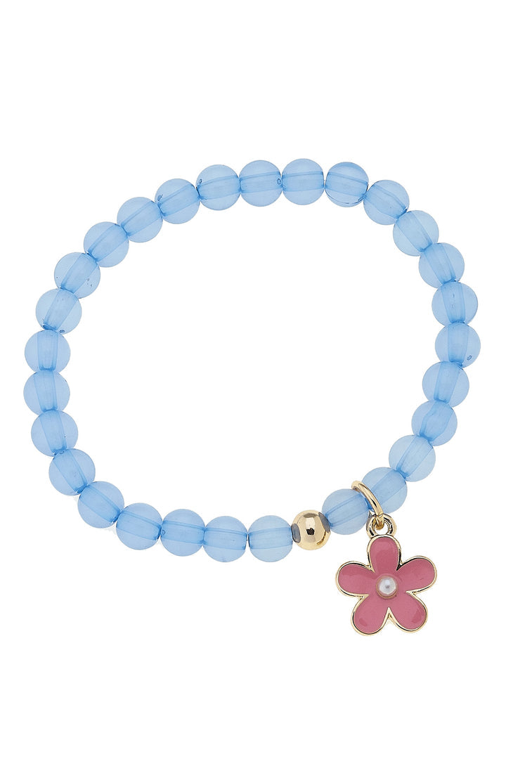 Bracelet - Enamel Flower Beaded - Light Blue