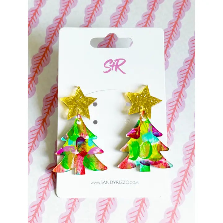 Dangle Earrings - Hand Painted Merry and Bright Tree