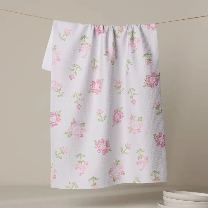 Cross Stitch Floral Tea Towel
