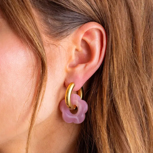 Huggie Earrings - Gold Hoops + Pink Acrylic Flowers - Laurel