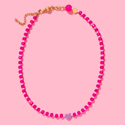 Beaded Necklace - Pink with Purple Opal Heart - Karley