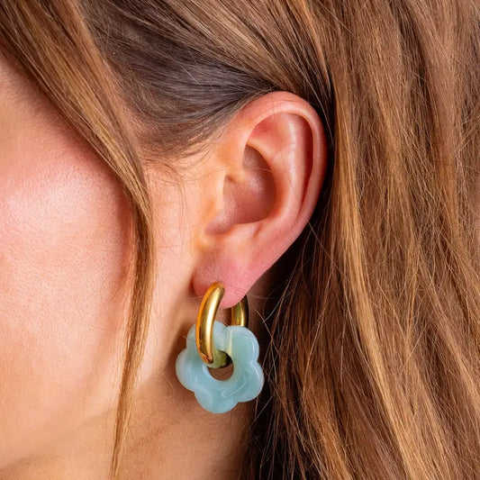 Huggie Earrings - Gold Hoops + Turquoise Acrylic Flowers - Laurel