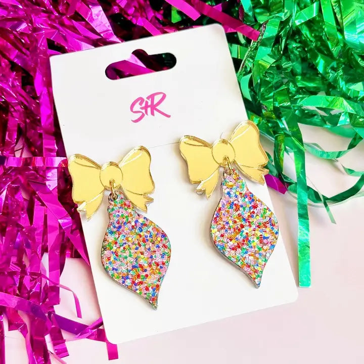 Dangle Earrings - Confetti Dot Ornament Gold Bow