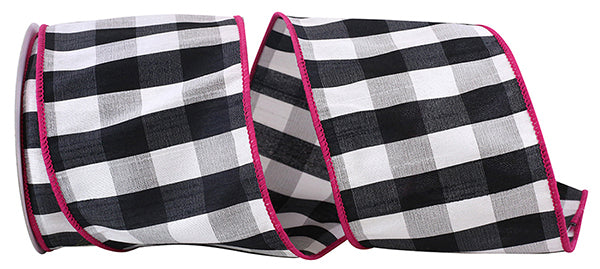 Grand Gingham Check Wired Edge Ribbon | Black/Hot Pink, 4", 10 yards
