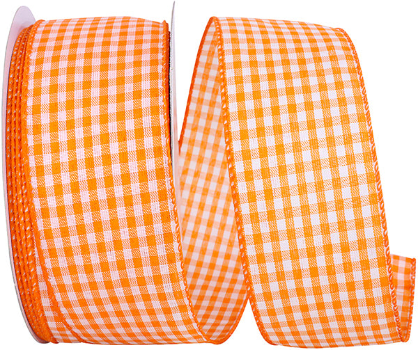 Gingham Check Bright Wired Ribbon | Orange, 2.5"x50 yards