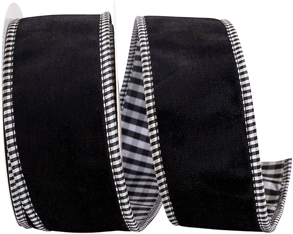 Velvet Plush Gingham Wired Edge Ribbon | Black, 2.5", 5 yards