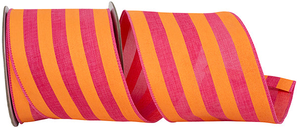Broad Striped Linen Wired Ribbon | Orange/Fuchsia, 4"x10 yards