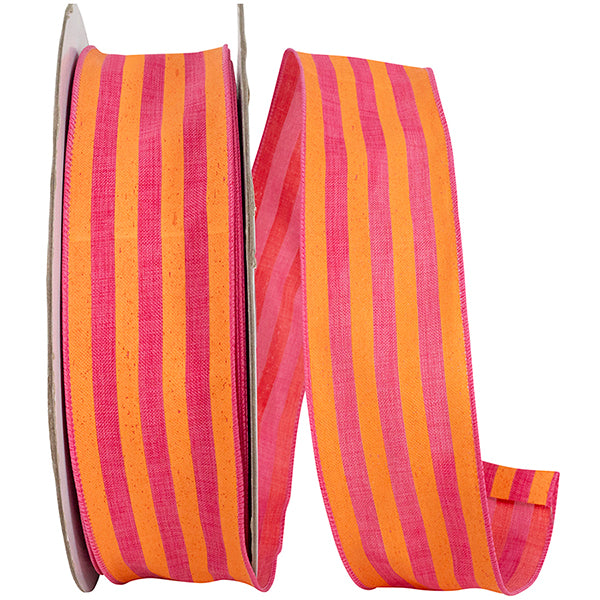 Broad Striped Linen Wired Edge Ribbon | Orange/Fuchsia, 2.5", 50 yards