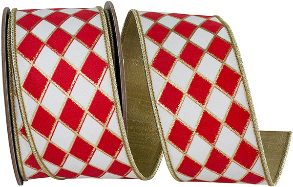 Harlequin Solid Diamond Gilded Wired Edge Ribbon | White/Red, 2-1/2", 10 yards