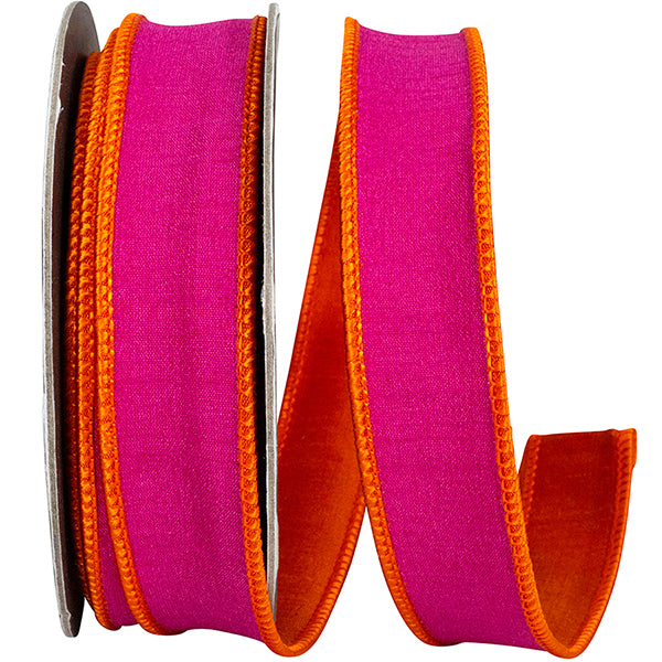 Dupioni Reversal Two Color Wired Ribbon | Fuchsia/Orange, 1 Inch, 10 Yards