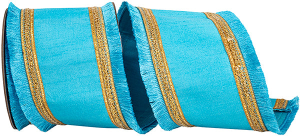 Fringe Gilded Trimming Wired Edge Ribbon | Turquoise, 4", 5 yards