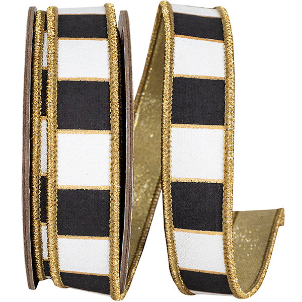 Gilded Check Metallic Backed Wired Edge Ribbon | Black/White, 1", 5 yards