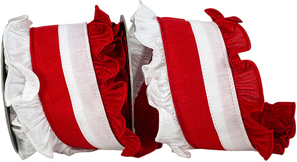 Ruffle Festivity Wired Edge Ribbon | White/Red, 4", 5 yards