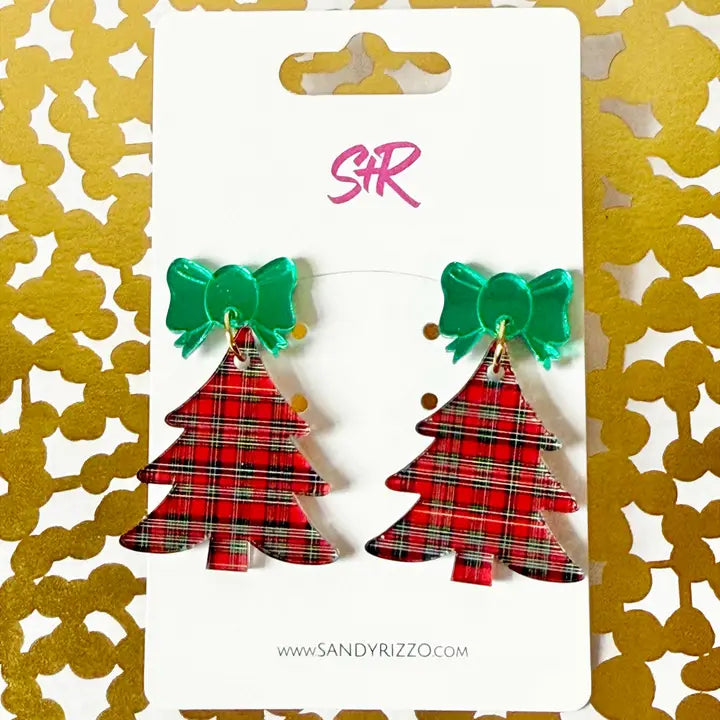 Dangle Earrings - Red Plaid Christmas Tree