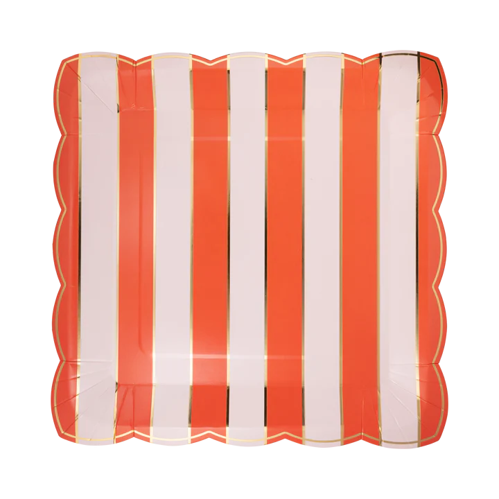 Square Scalloped Plate - Pink and Red Stripe