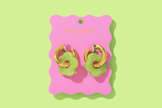 Huggie Earrings - Gold Hoops + Green Acrylic Flowers - Laurel
