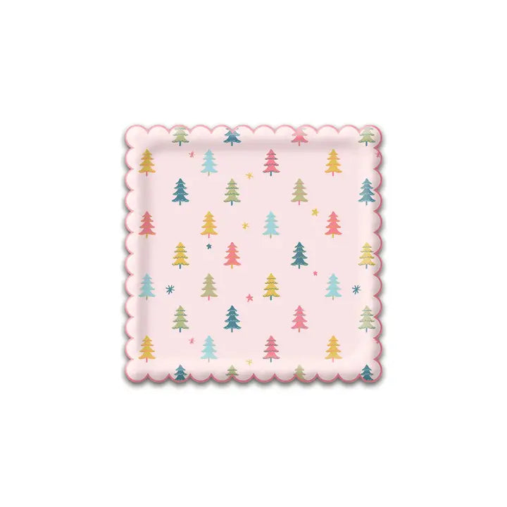 Bright Holiday Square Scallop Trees Paper Plate
