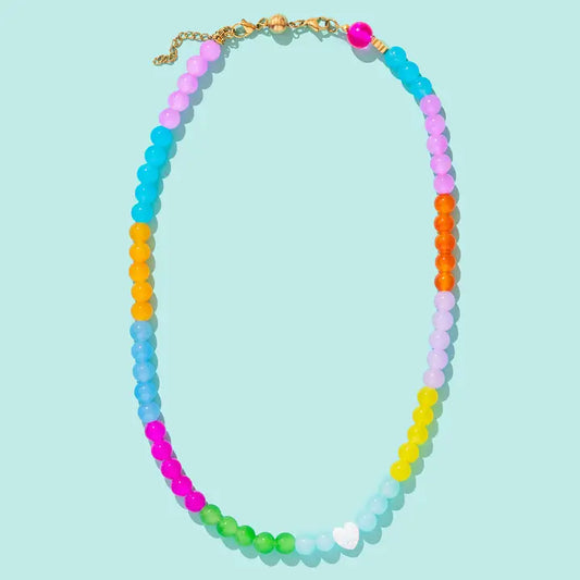 Beaded Necklace - Multi-Colored Opals with Pearl Heart - Esther