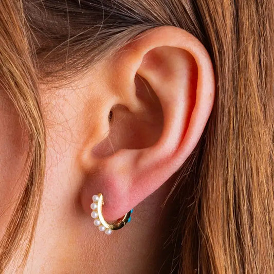 Sheridan Pearl and Turquoise Huggie Earrings