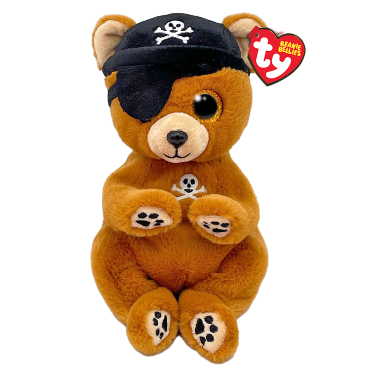 Plush toy bear dressed as a pirate with a black eye patch and skull and crossbones design, featuring the Ty Beanie Baby logo.