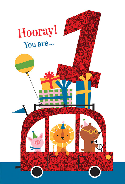 1st Red Animal Car Birthday Card