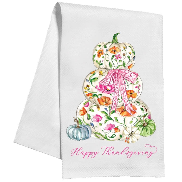 Kitchen Towel - Happy Thanksgiving Pink Chinoiserie Pumpkin Tower