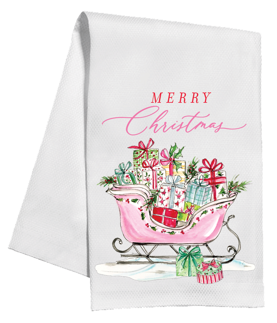 Kitchen Towel - Merry Christmas Pink Sleigh