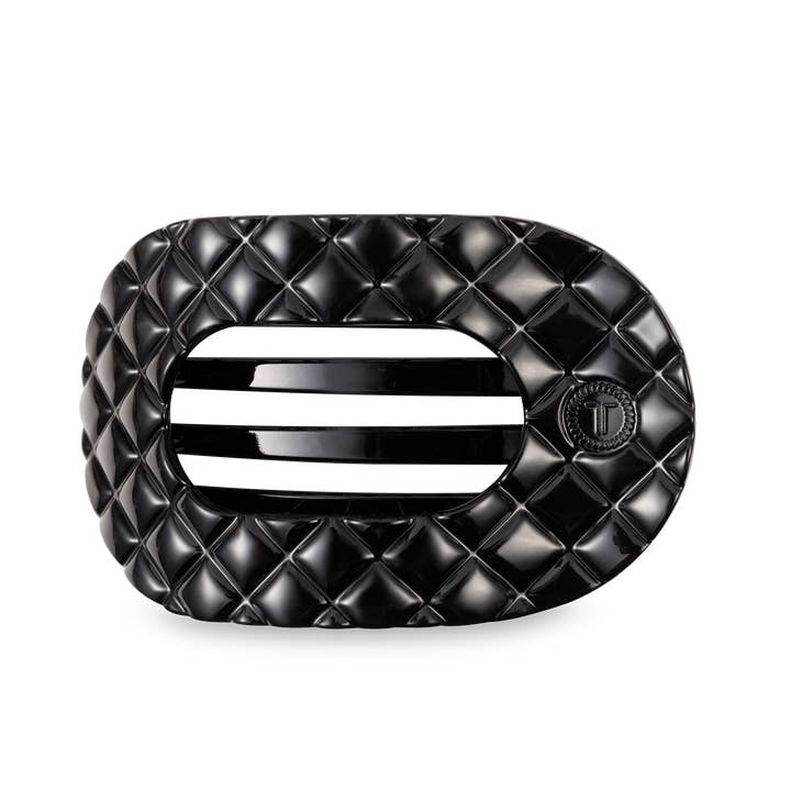 Large Flat Round Hair Clip - Jet Black Quilted