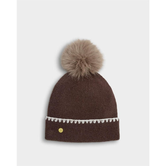 Whipstitch Pom Pom Knitted Hat - Chocolate