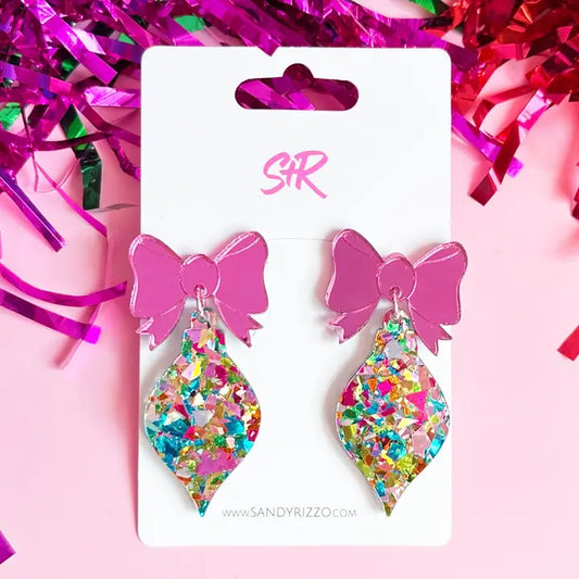 Dangle Earrings - Electric Confetti Ornament with Pink Bow