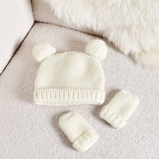 Baby Knitted Hat & Mittens Set - White