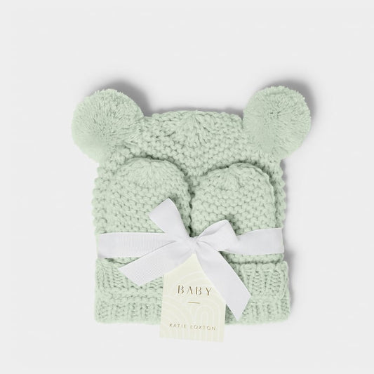 Baby Knitted Hat & Mittens Set - Light Sage