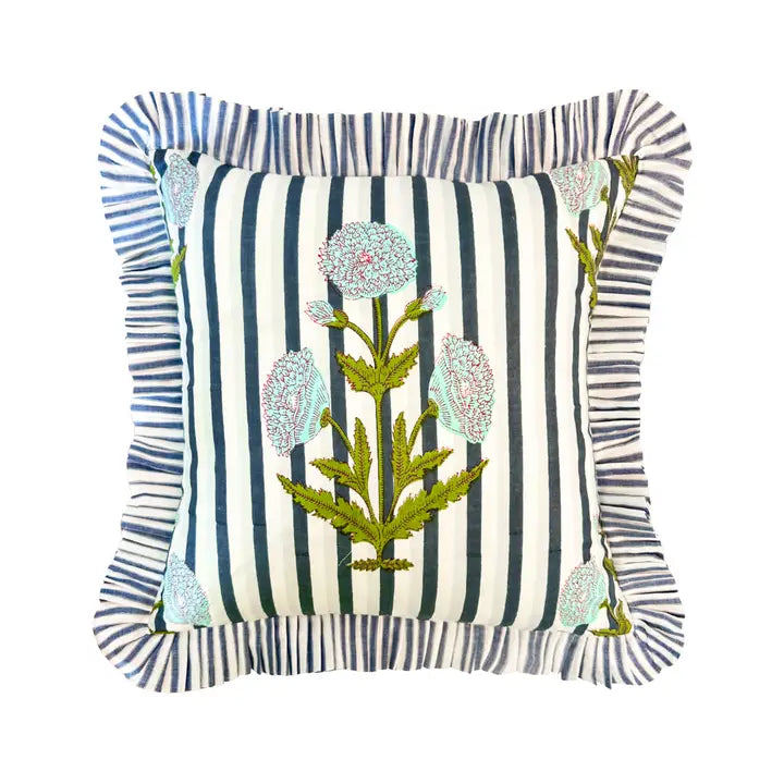 Marigold Stripes Block Print Pillow - Gray
