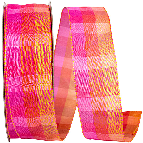 Ticking Edge Plaid Wired Ribbon | Pink/Orange, 1 1/2 Inch, 50 Yards