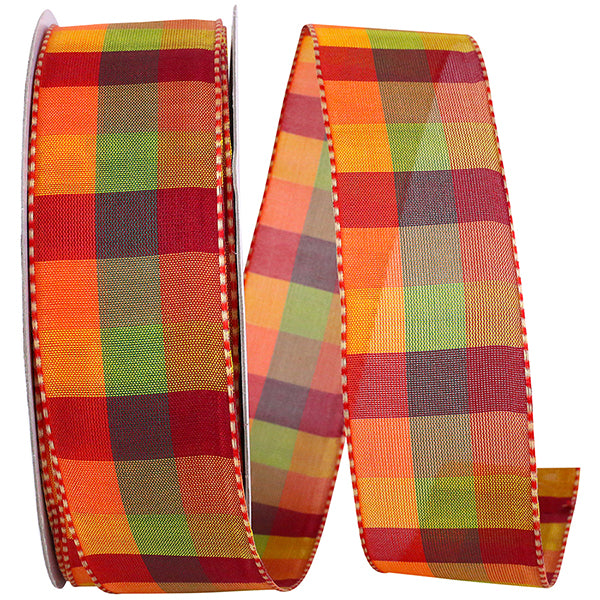 Ticking Edge Plaid Wired Edge Ribbon | Orange, 1.5", 50 yards