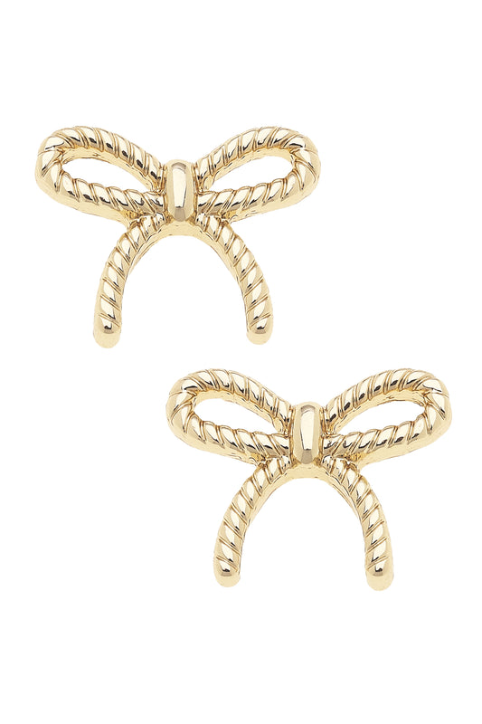 Stud Earrings - Rope Bow - Shiny Gold
