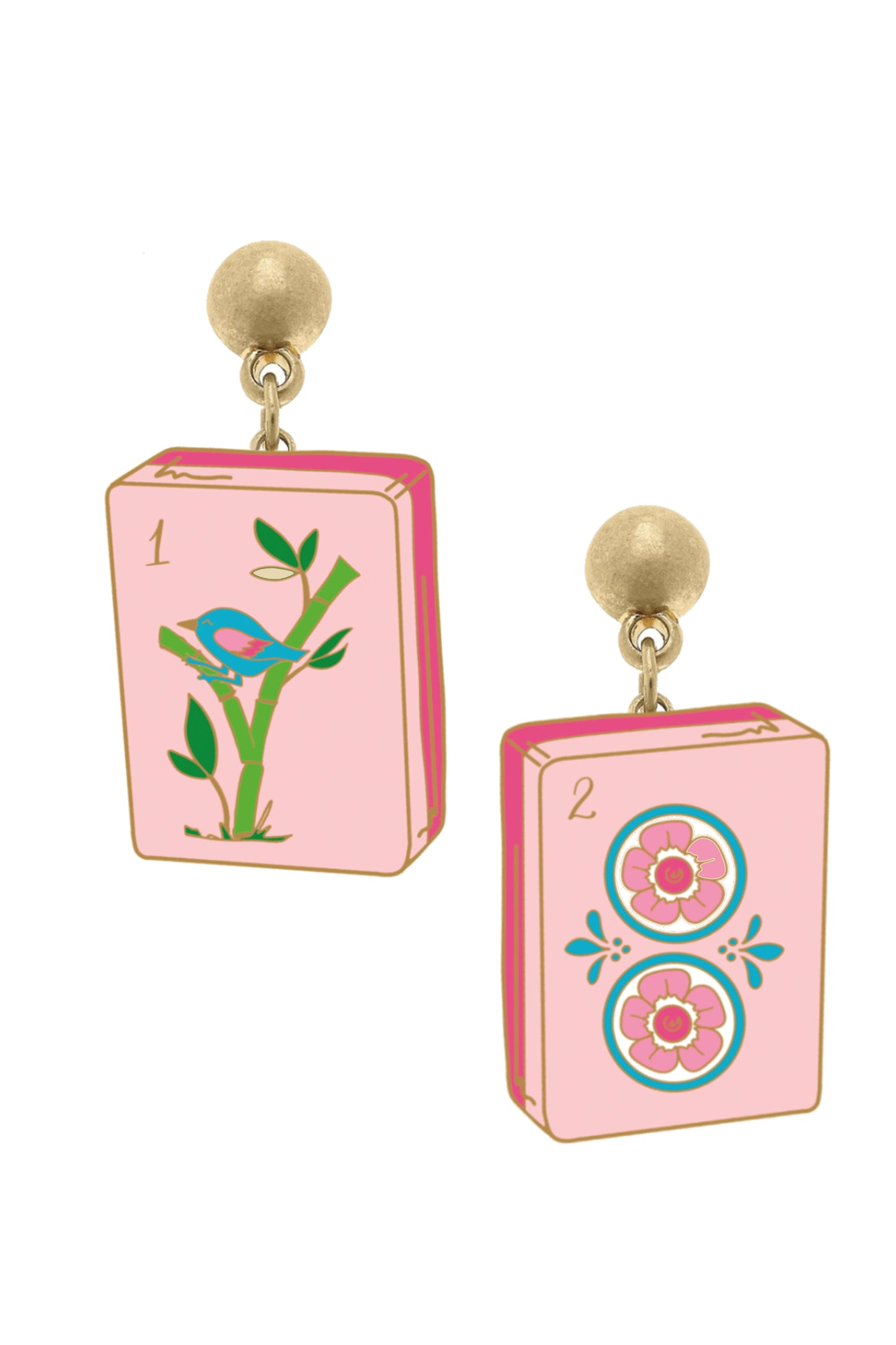 Mahjong Tile Enamel Earrings - Light Pink