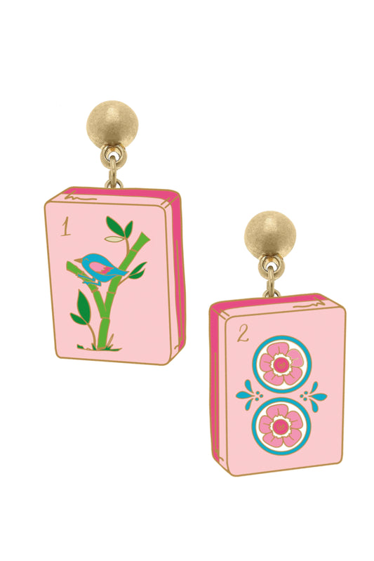 Mahjong Tile Enamel Earrings - Light Pink