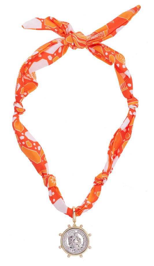 Lydia Studded Coin Scarf Necklace - Orange/White