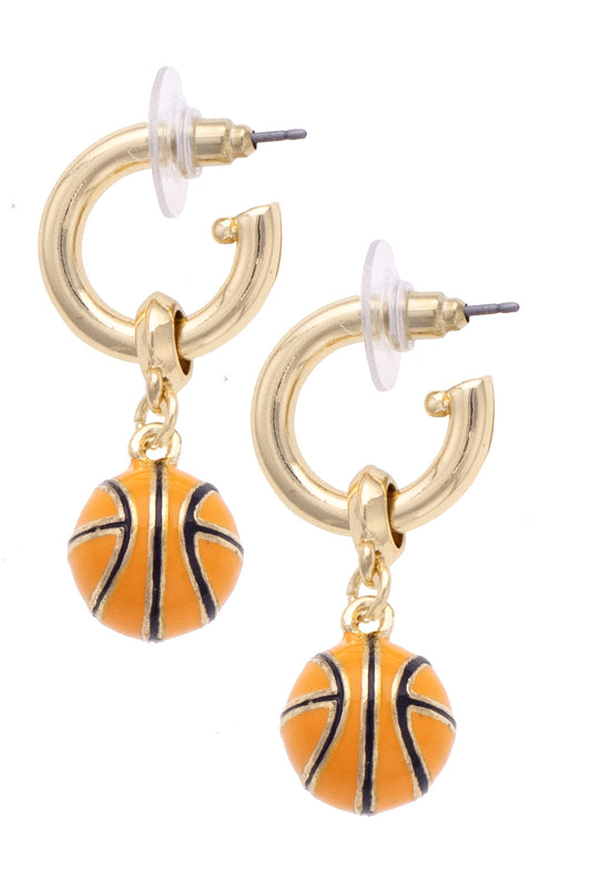 Basketball Enamel Drop Hoop Earrings - Orange/Black