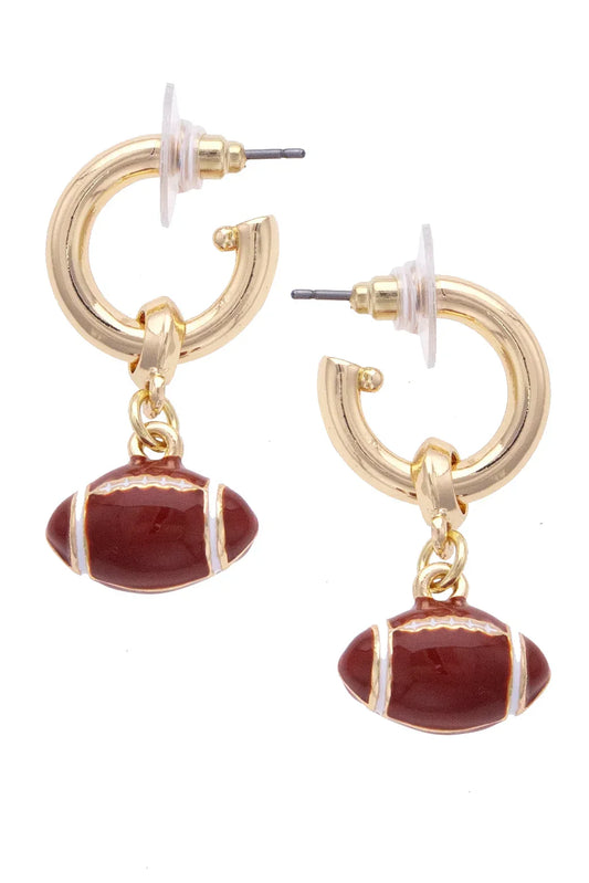 Football Enamel Drop Hoop Earrings - Brown/White