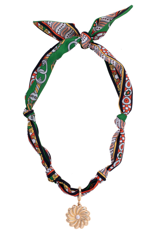 Gertrude Pearl Flower Scarf Necklace - Green