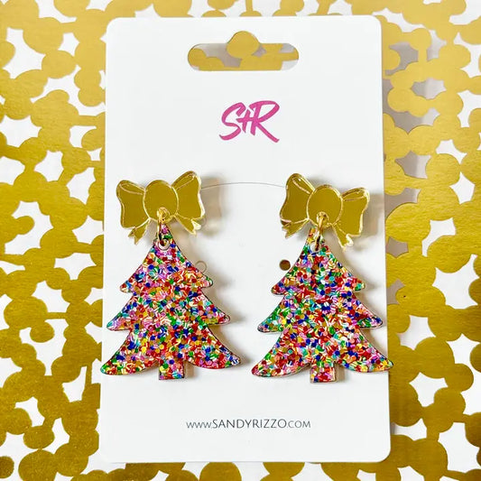 Dangle Earrings - Confetti Dot  Christmas Tree Gold Bow